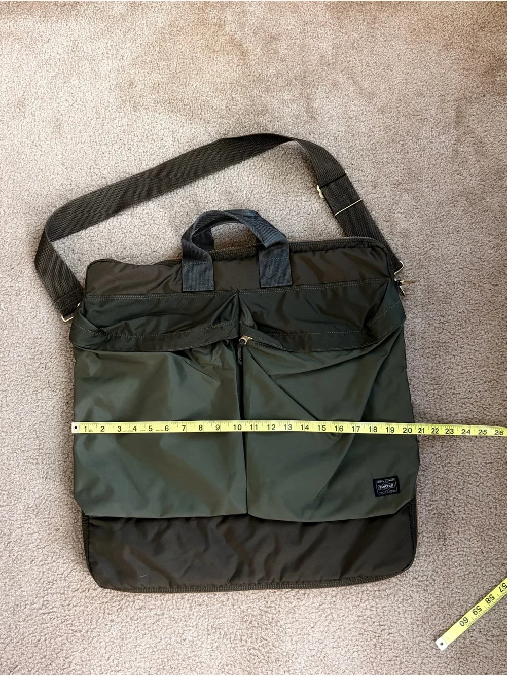 Porter Yoshida Force helmet bag. Men's Olive Green Nylon Shoulder Bag